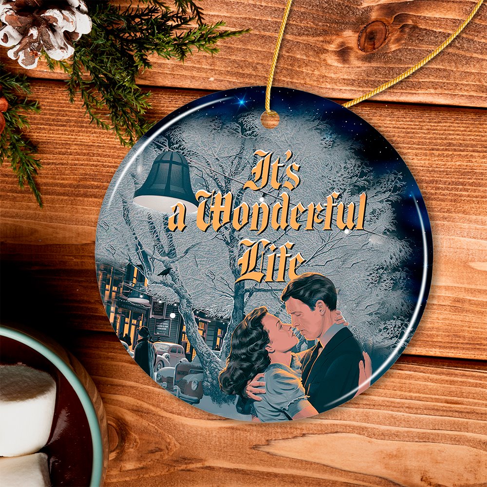 Elegant Retro Winter Night It’s a Wonderful Life Christmas Scene Ornament, Bedford Falls 1946 Ceramic Ornament OrnamentallyYou 
