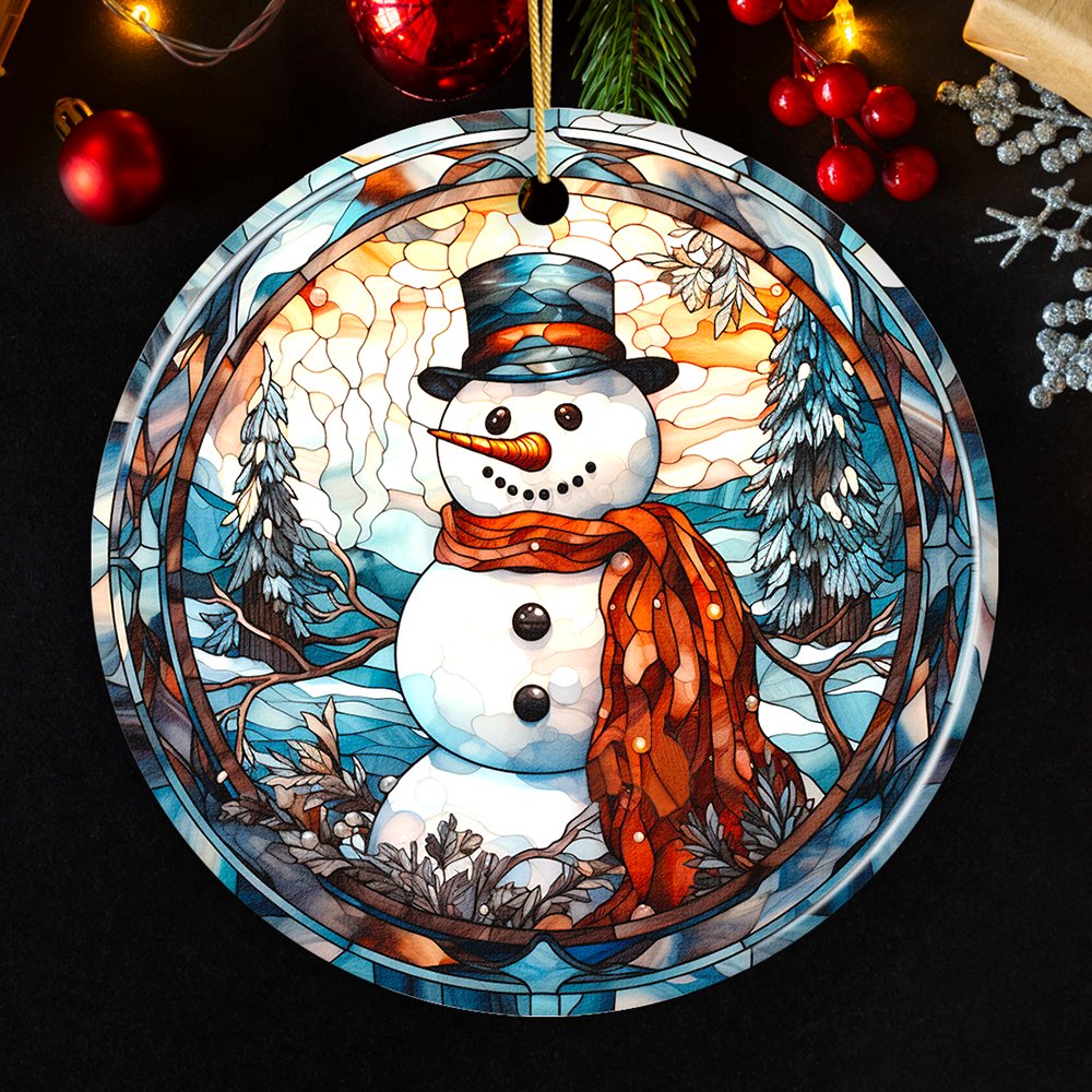 Elegant Snowman Stained Glass Themed Ceramic Christmas Ornament Ceramic Ornament OrnamentallyYou Circle 
