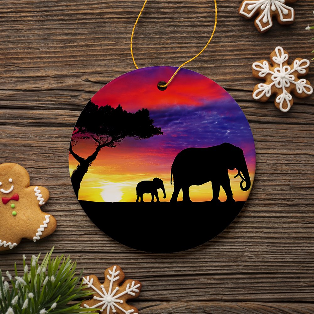 Elephant Silhouette Ornament, Exotic Nature Sunset of Africa Christmas Decoration Ceramic Ornament OrnamentallyYou 