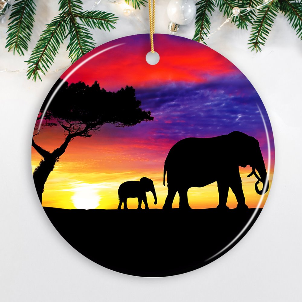 Elephant Silhouette Ornament, Exotic Nature Sunset of Africa Christmas Decoration Ceramic Ornament OrnamentallyYou Circle 