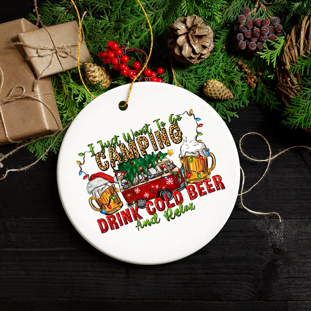 Festive Camping Lover Christmas Ornament, Holiday RV Camper and Beer Lover Gift Ceramic Ornament OrnamentallyYou 