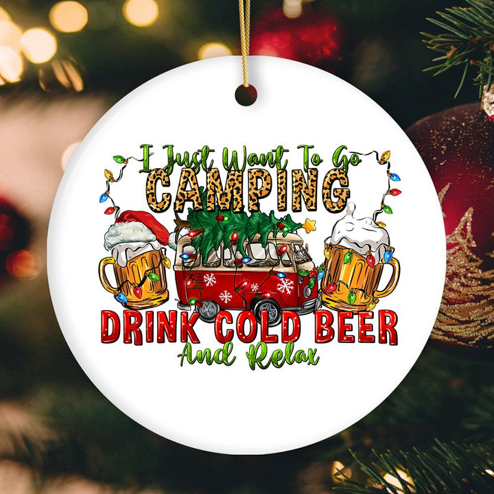 Festive Camping Lover Christmas Ornament, Holiday RV Camper and Beer Lover Gift Ceramic Ornament OrnamentallyYou Circle 