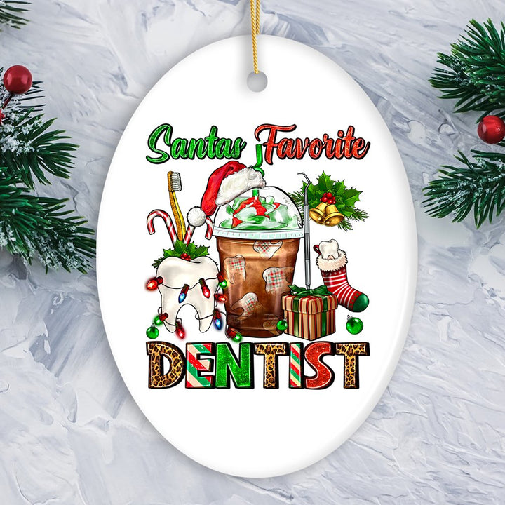 Festive Holiday Santa’s Favorite Dentist Christmas Ornament, Dental Gift Ceramic Ornament OrnamentallyYou Oval 
