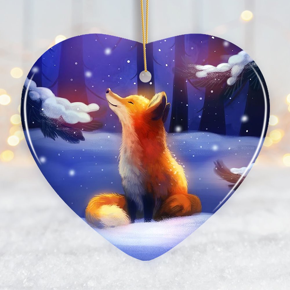 Fox in Snow Forest Ornament, Majestic Illustration Fairytale, Anime Nature Ceramic Ornament OrnamentallyYou Heart 