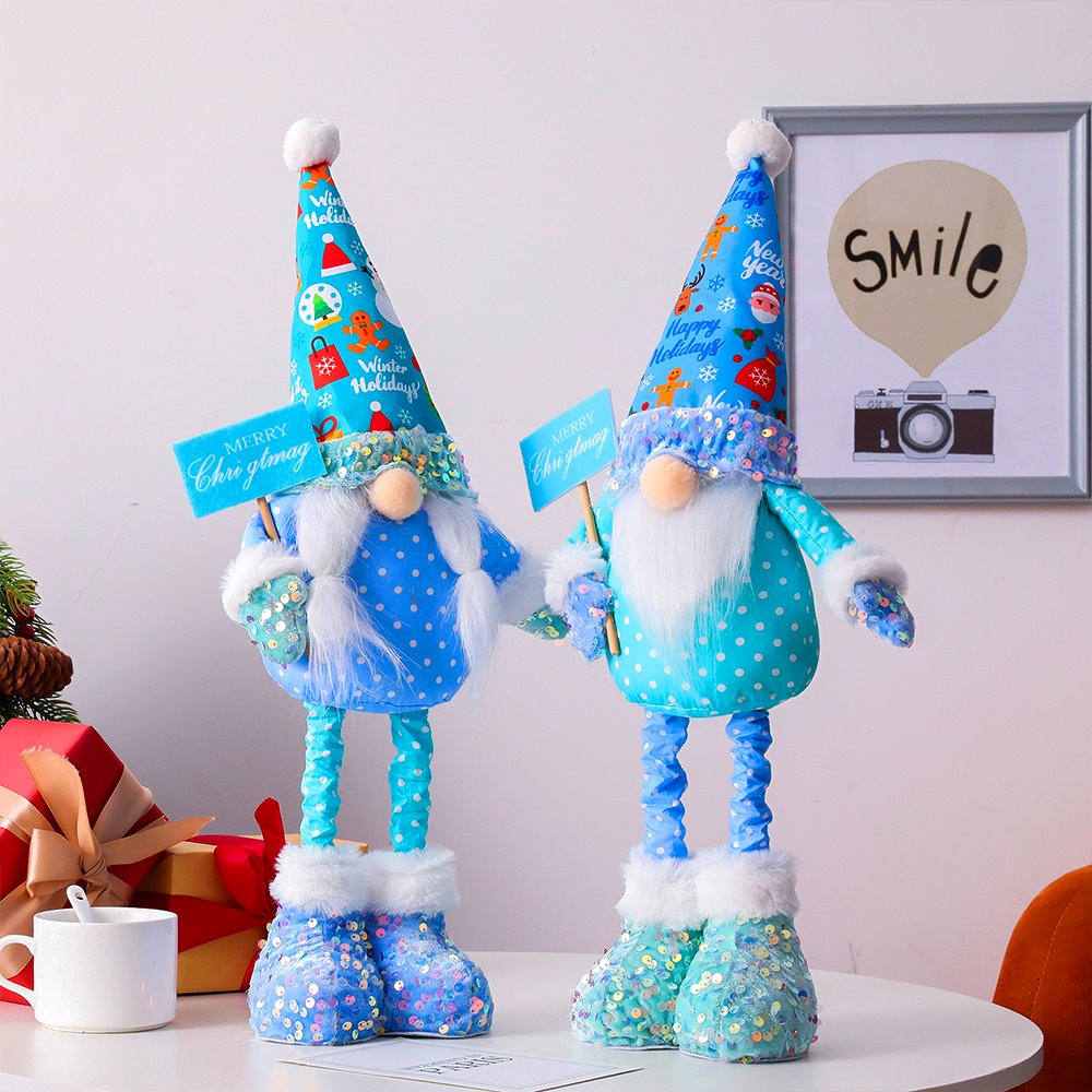 Frosty Elegent Winter Luxe Gnome Large Set, Festive Plush Holiday Blue Joyful Home Decor with Sequins Plush Gnome OrnamentallyYou 