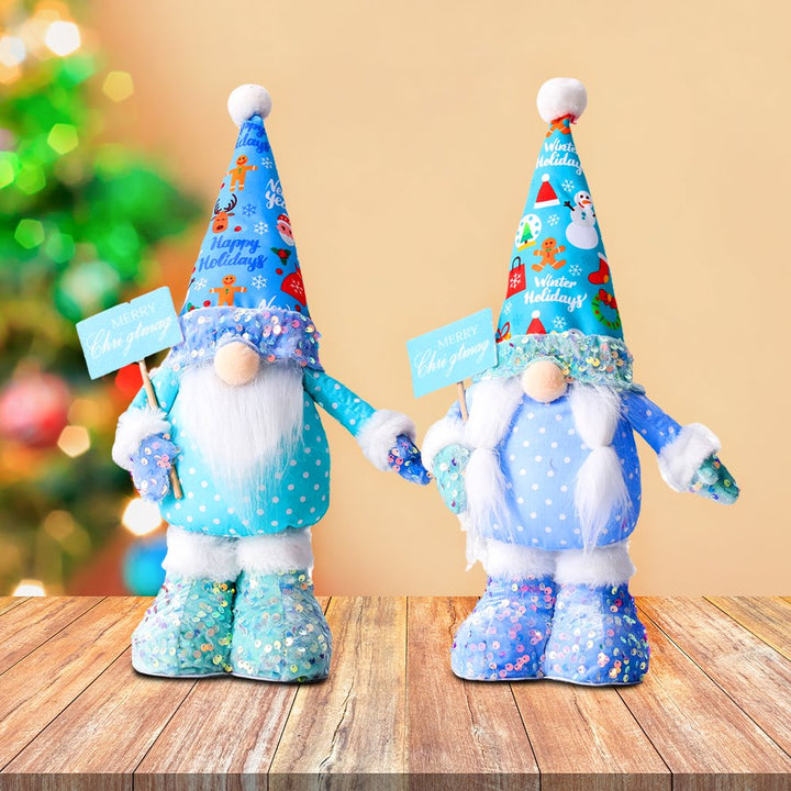 Frosty Elegent Winter Luxe Gnome Large Set, Festive Plush Holiday Blue Joyful Home Decor with Sequins Plush Gnome OrnamentallyYou 