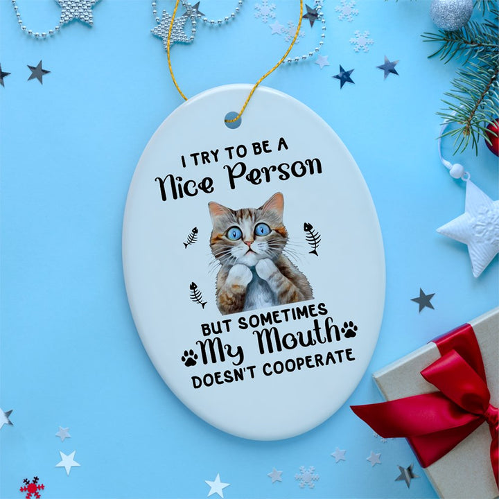 Funny Cat Trying to be a Nice Person, Cute and Funny Christmas Gift Ceramic Ornament OrnamentallyYou 