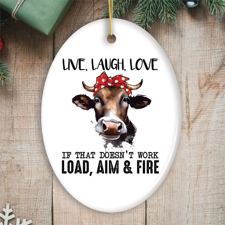 Funny Country Style Armed Cow Quote Ornament, Heifer and Guns Ceramic Ornament OrnamentallyYou 