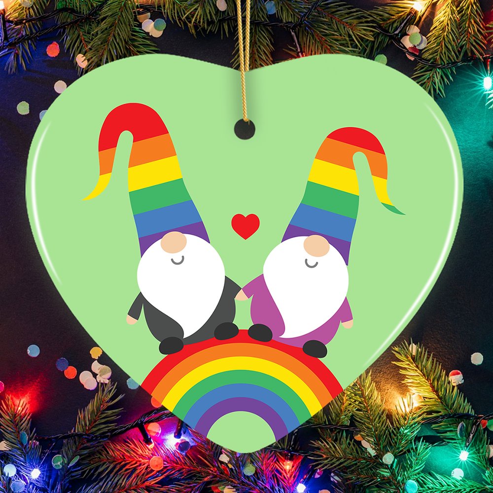 Gay Gnomes on a Rainbow Christmas Ornament Ceramic Ornament OrnamentallyYou Heart 