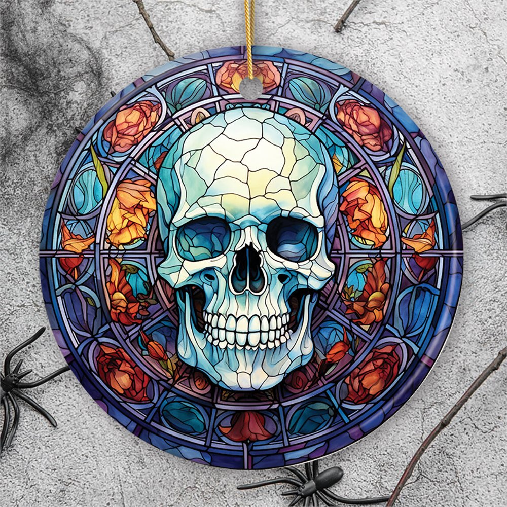 Ghastly Grin Spooky Halloween Skull Stained Glass Style Ceramic Ornament, Halloween Themed Christmas Gift and Decor Ceramic Ornament OrnamentallyYou Circle 