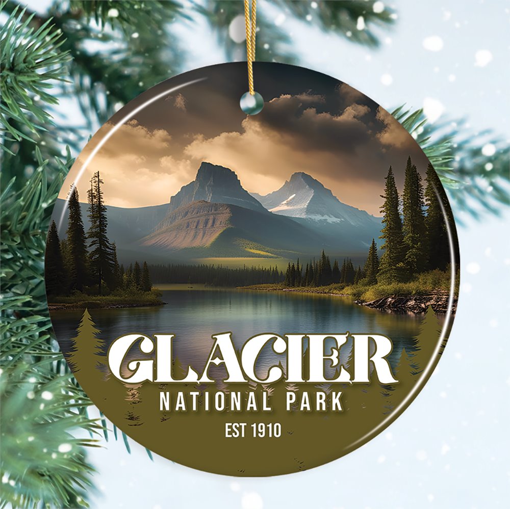 Glacier National Park Retro Ornament, Montana Souvenir and Travel Gift Ceramic Ornament OrnamentallyYou Circle 