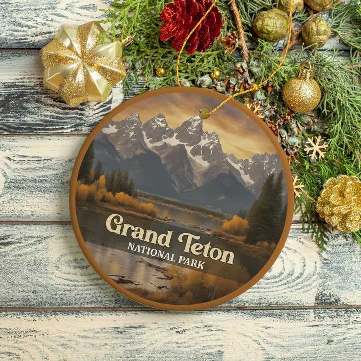 Grand Teton National Park Retro Style Ornament, Wyoming USA Tourist Attraction and Gift Ceramic Ornament OrnamentallyYou 