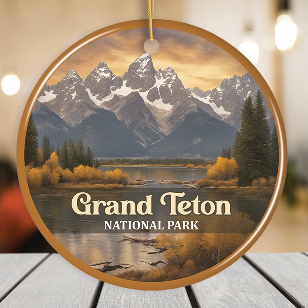 Grand Teton National Park Retro Style Ornament, Wyoming USA Tourist Attraction and Gift Ceramic Ornament OrnamentallyYou Circle 