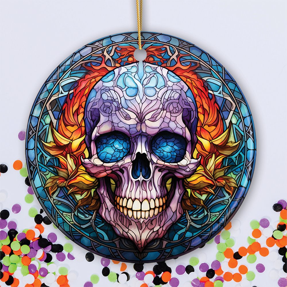 Grim Guardian Haunting Skull Stained Glass Style Ceramic Ornament, Halloween Themed Christmas Gift and Decor Ceramic Ornament OrnamentallyYou Circle 