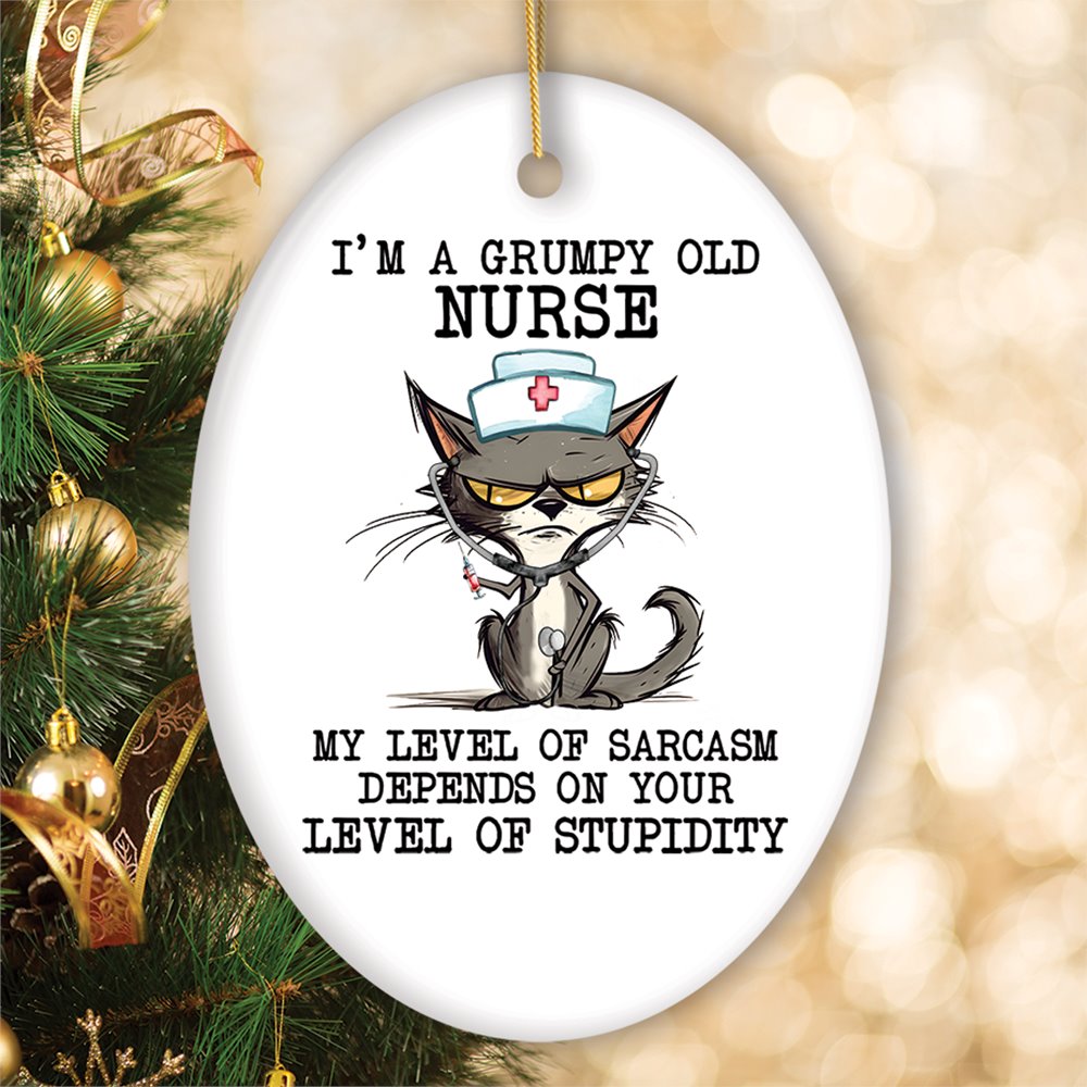 Grumpy Old Nurse Cat, Cute and Funny Christmas Gift Ceramic Ornament OrnamentallyYou Circle 