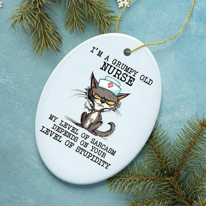 Grumpy Old Nurse Cat, Cute and Funny Christmas Gift Ceramic Ornament OrnamentallyYou 