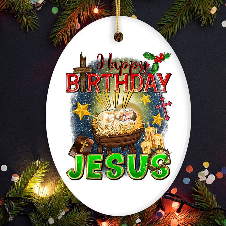 Happy Birthday Jesus Christmas Ornament, Nativity Religious Decor Ceramic Ornament OrnamentallyYou Oval 