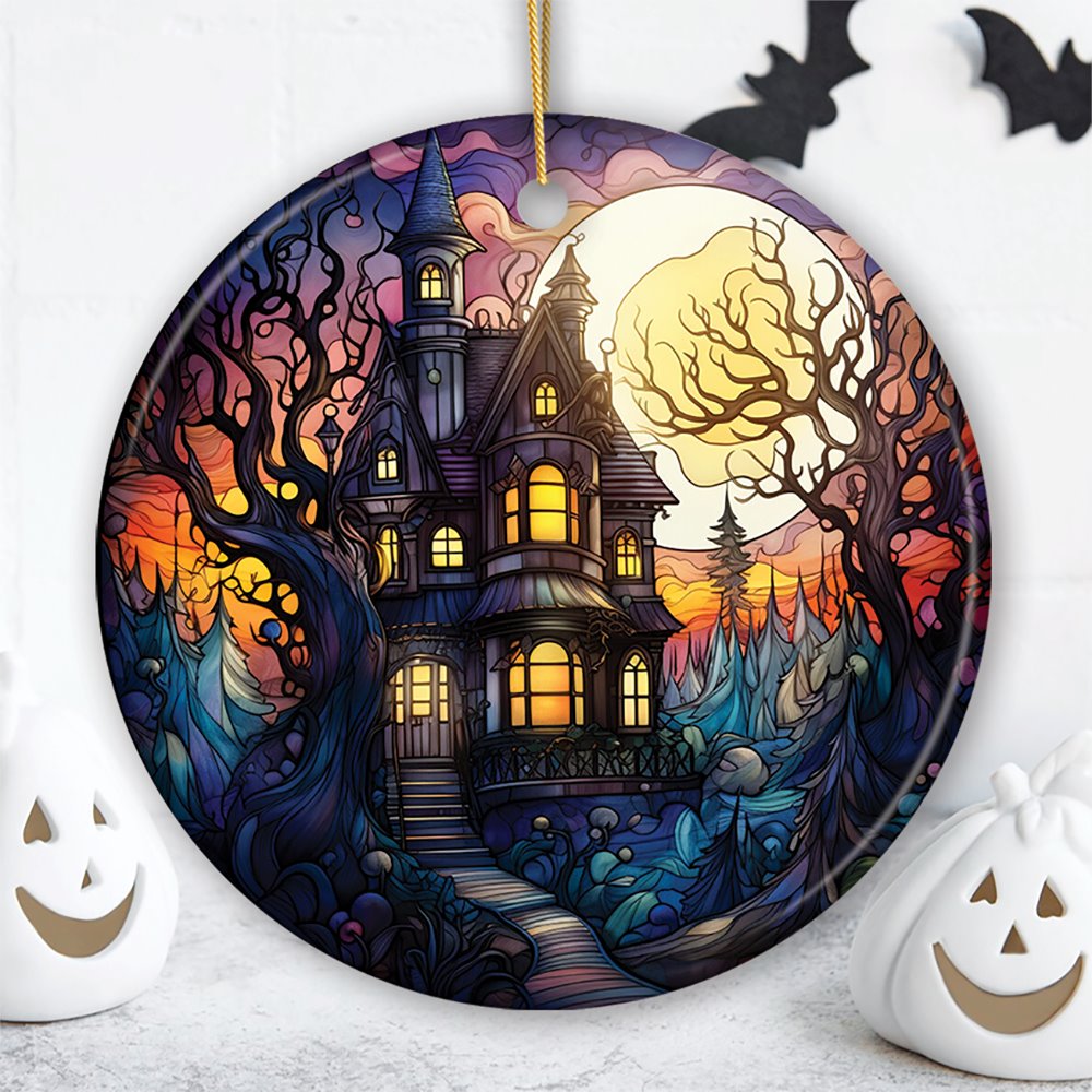 Haunted House Amidst Spooky Woods Stained Glass Style Ceramic Ornament, Halloween Themed Christmas Gift and Decor Ceramic Ornament OrnamentallyYou Circle 