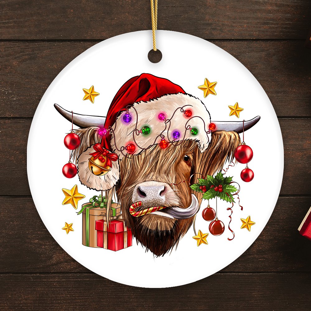Highland Cow Christmas Ornament, Cattle Tree Decoration Ceramic Ornament OrnamentallyYou Circle 