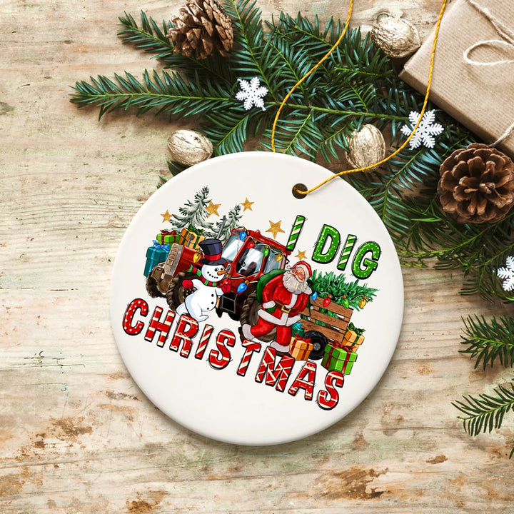 I Dig Christmas Santa and Snowman with Red Truck Ornament Ceramic Ornament OrnamentallyYou 