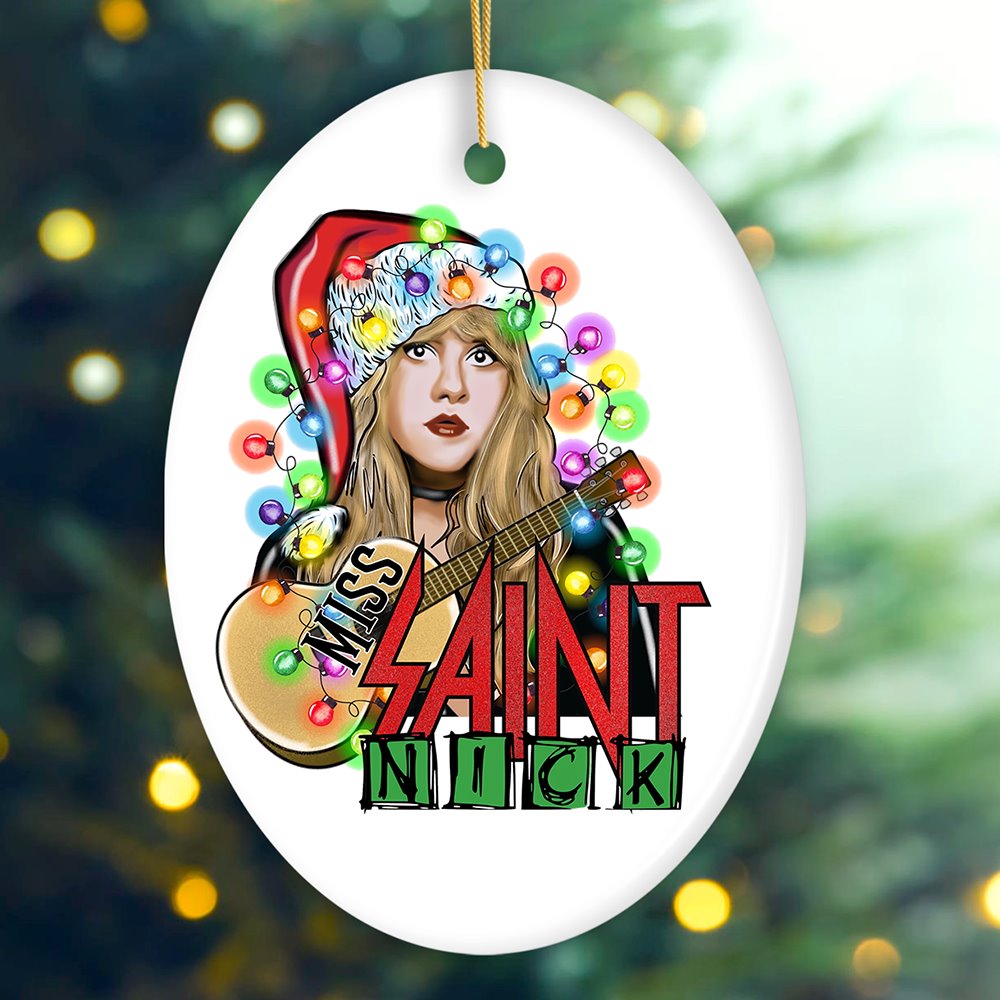Iconic Miss Saint Nick Bohemian Christmas Ornament, Poetic Guitarist Feminine Rock Theme Ceramic Ornament OrnamentallyYou Oval 
