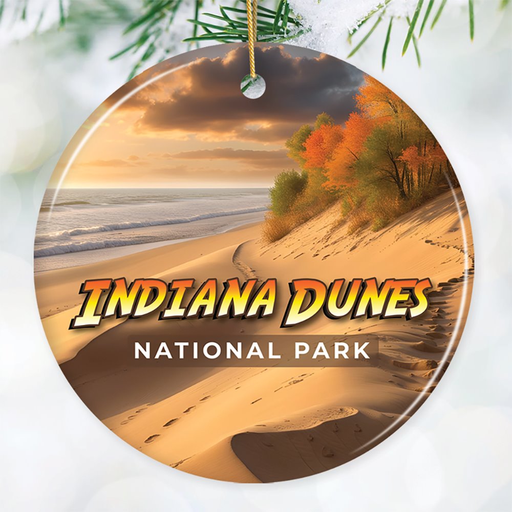 Indiana Dunes National Park Retro Style Ornament, Indiana USA Tourist Attraction and Gift Ceramic Ornament OrnamentallyYou 