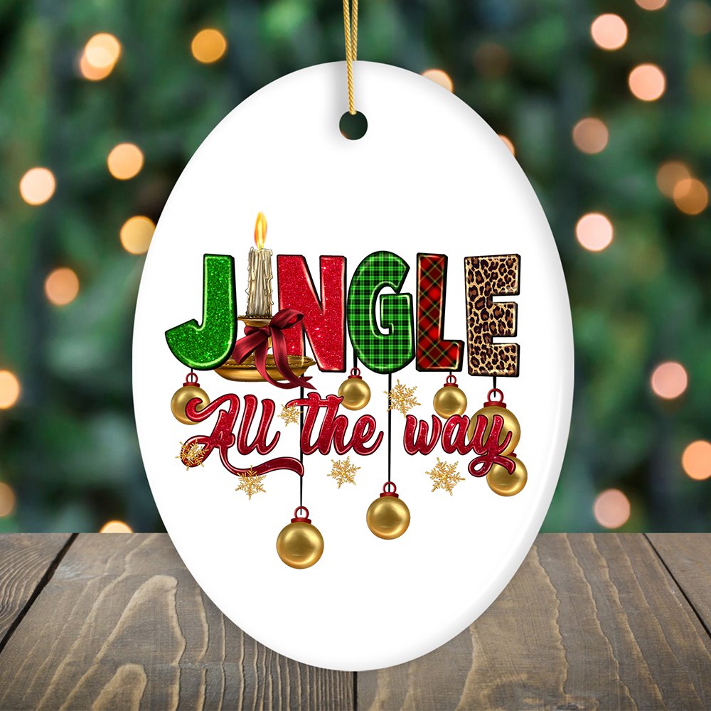 Jingle All the Way Holiday Plaid Cheerful Christmas Ornament Ceramic Ornament OrnamentallyYou Oval 