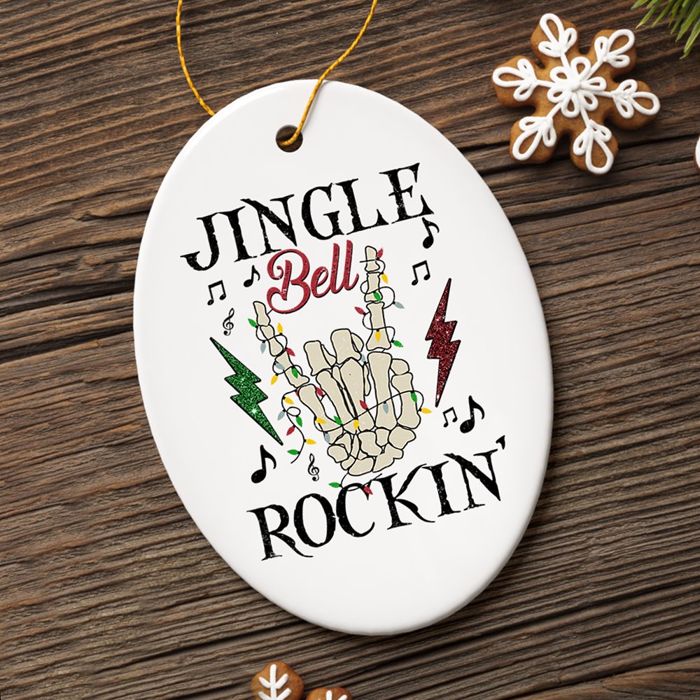 Jingle Bell Rockin Christmas Music Jam Ornament, Skeleton Rocker Sign Ceramic Ornament OrnamentallyYou 
