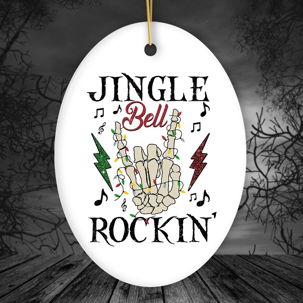 Jingle Bell Rockin Christmas Music Jam Ornament, Skeleton Rocker Sign Ceramic Ornament OrnamentallyYou Oval 
