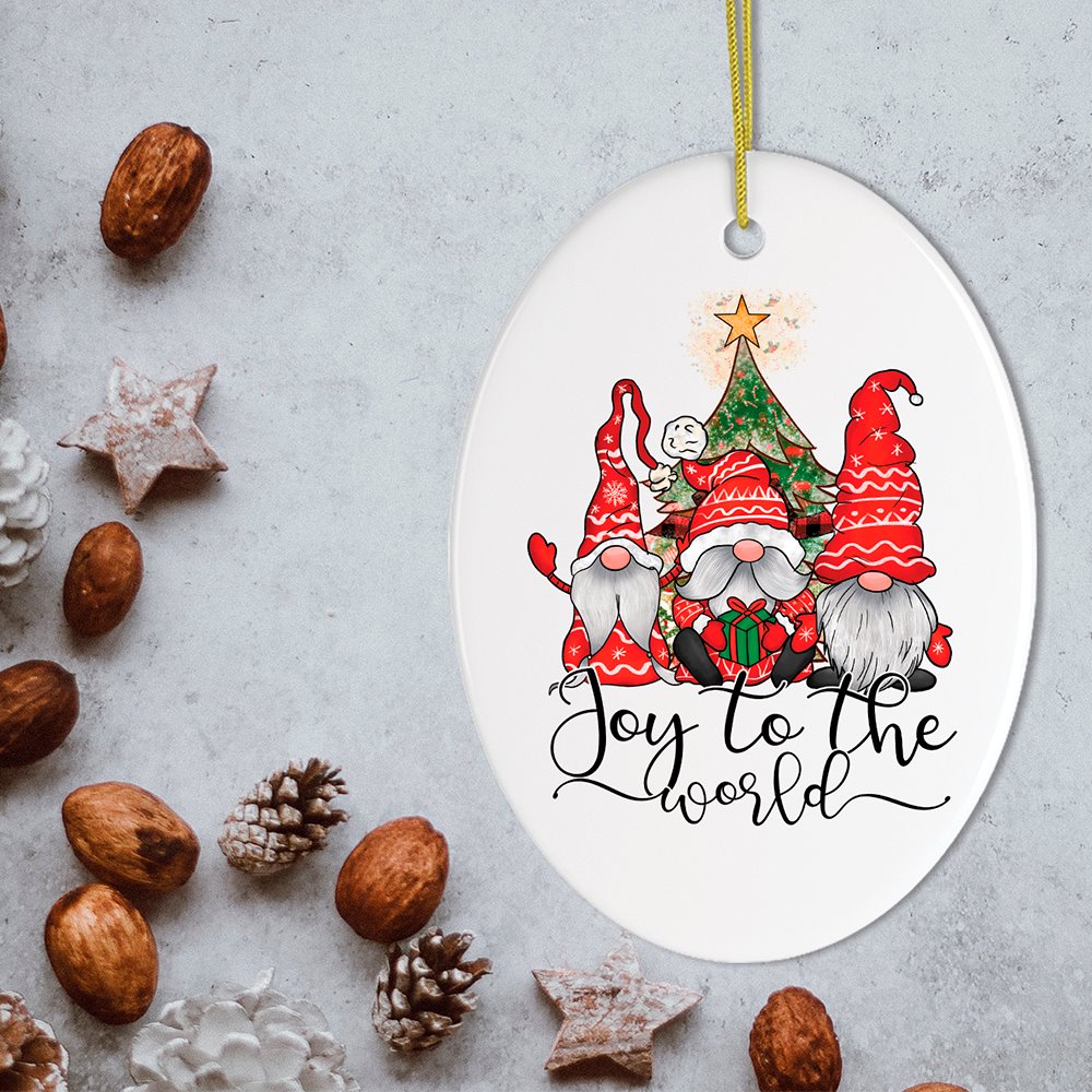 Joy to the World Christmas Ornament with Gnomes Ceramic Ornament OrnamentallyYou 