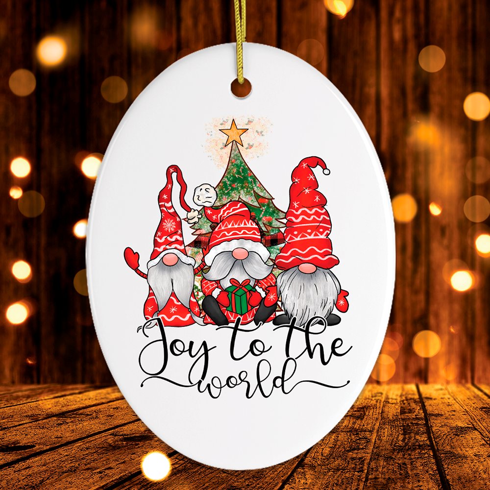 Joy to the World Christmas Ornament with Gnomes Ceramic Ornament OrnamentallyYou Oval 