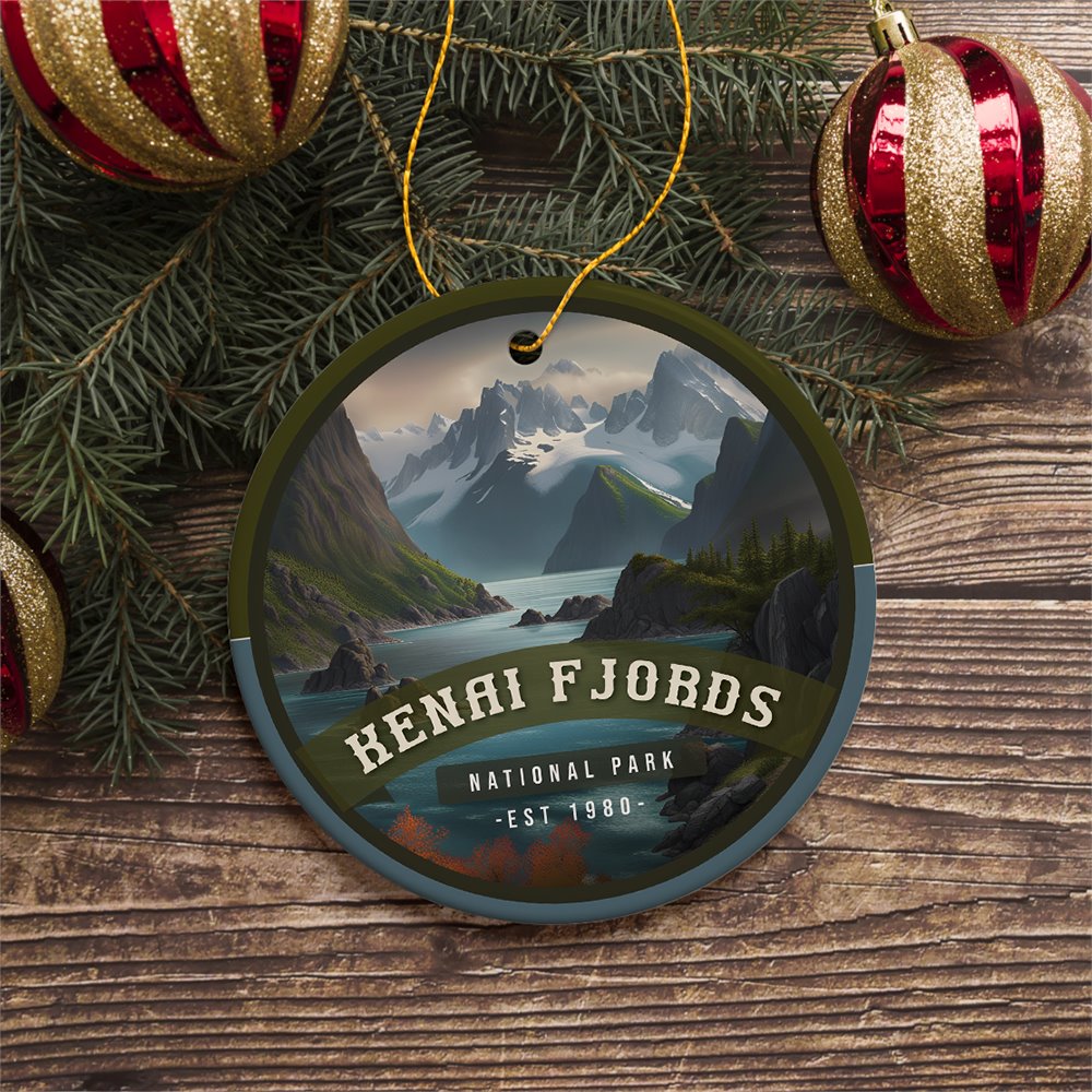 Kenai Fjords National Park Retro Style Ornament, Alaska USA Tourist Attraction and Gift Ceramic Ornament OrnamentallyYou 