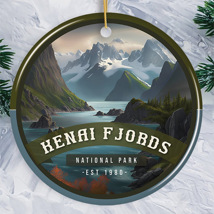 Kenai Fjords National Park Retro Style Ornament, Alaska USA Tourist Attraction and Gift Ceramic Ornament OrnamentallyYou Circle 