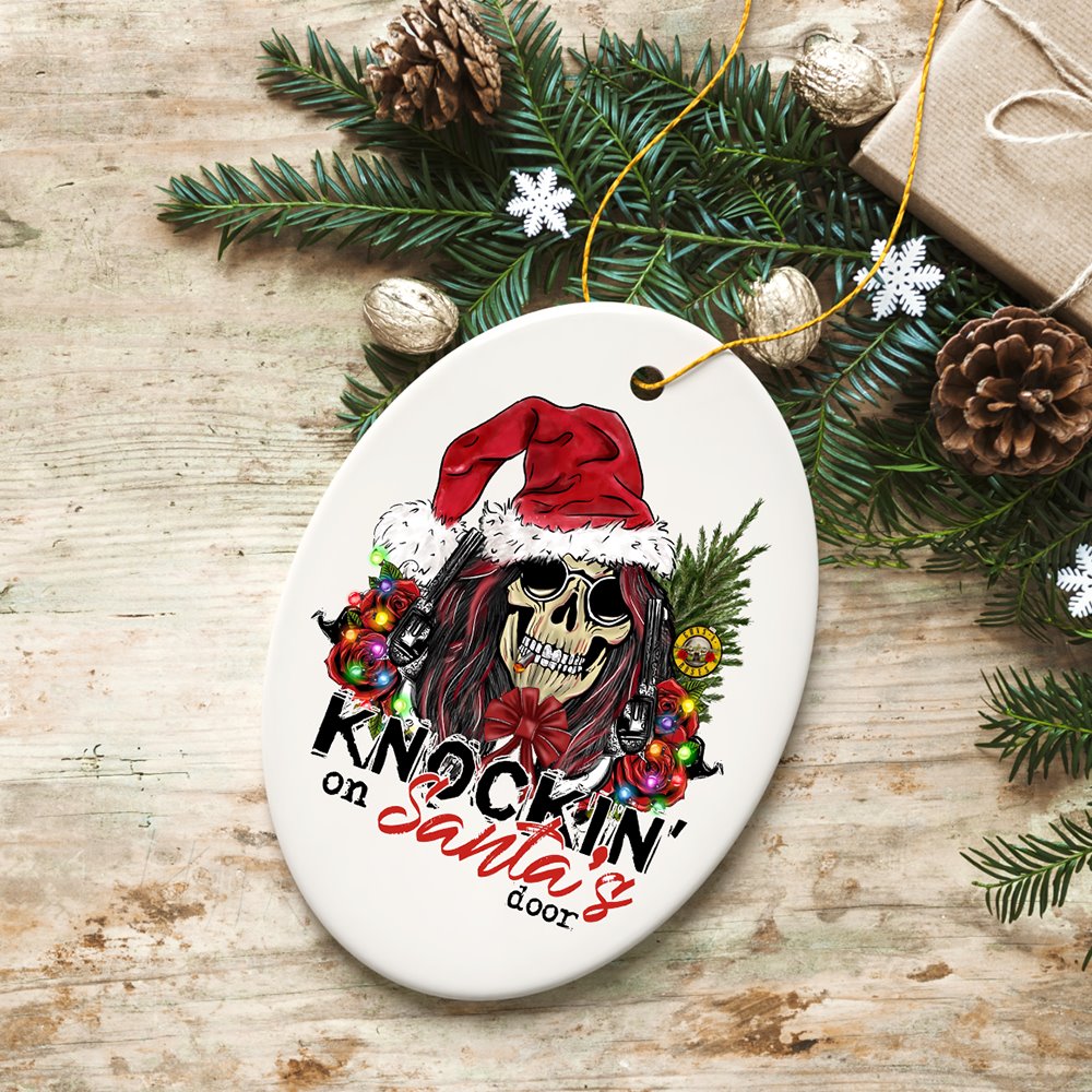 Knockin on Santa’s Door Gritty Rock Style Christmas Ornament, Rebellious Gunslinger Skull and Roses Ceramic Ornament OrnamentallyYou 
