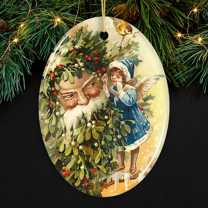 Little Angel and Father Santa Claus Victorian Vintage Christmas Ornament Ceramic Ornament OrnamentallyYou Oval 
