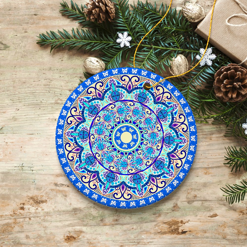 Luminescent Blue Mandala Christmas Ornament, Ethnic Indian Decoration, Hinduism, Buddhism, Jainism Ceramic Ornament OrnamentallyYou 
