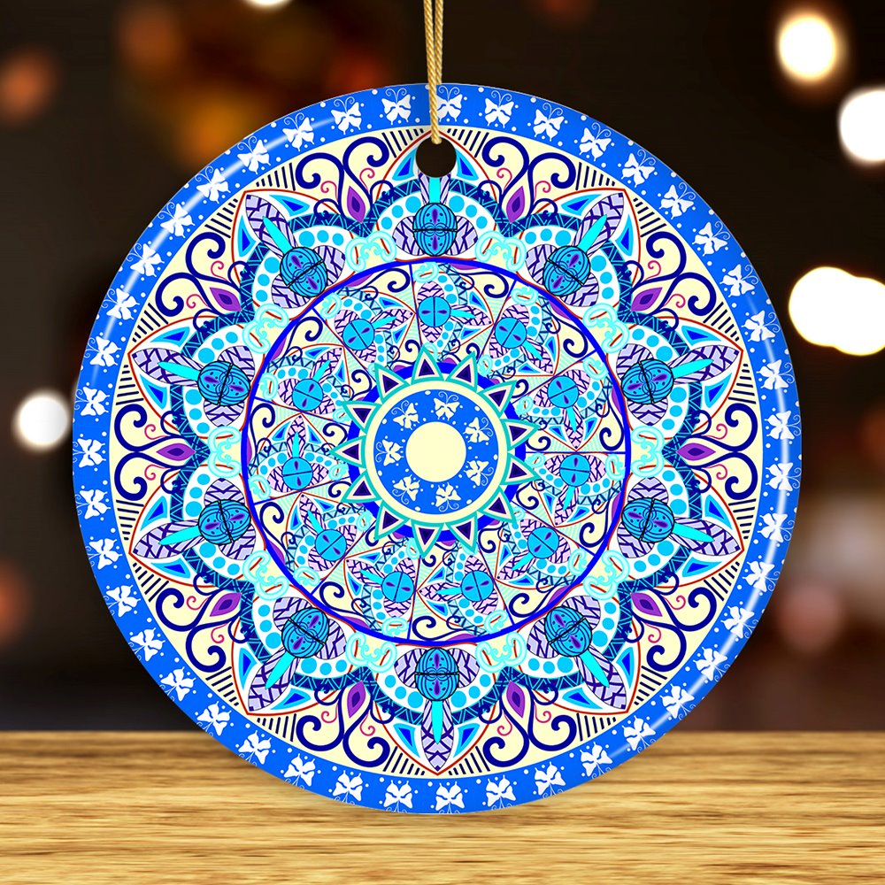 Luminescent Blue Mandala Christmas Ornament, Ethnic Indian Decoration, Hinduism, Buddhism, Jainism Ceramic Ornament OrnamentallyYou Circle 