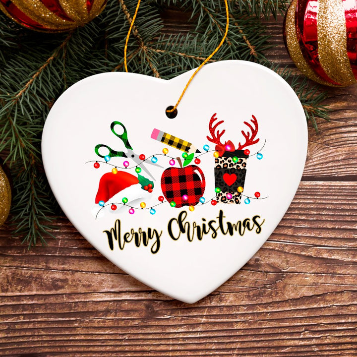 Merry Christmas Plaid Teacher Ornament, School Professional Gift Ceramic Ornament OrnamentallyYou Heart 