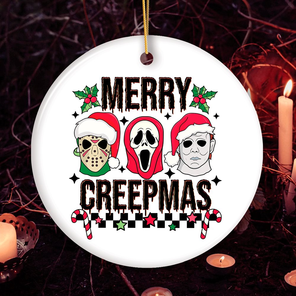Merry Creepmas Horror Villain Theme Christmas Ornament, Creepy and Spooky Holiday Decor for Xmas Tree Ceramic Ornament OrnamentallyYou Circle 