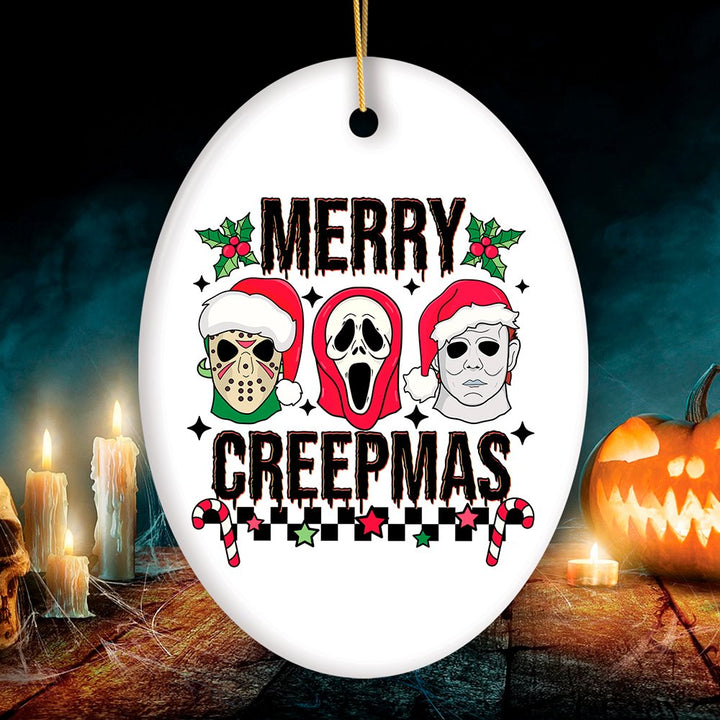 Merry Creepmas Horror Villain Theme Christmas Ornament, Creepy and Spooky Holiday Decor for Xmas Tree Ceramic Ornament OrnamentallyYou Oval 