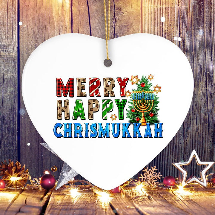 Merry Happy Chrismukkkah Festive Ornament, Christmas and Hanukkah Chanukah Theme Ceramic Ornament OrnamentallyYou Heart 