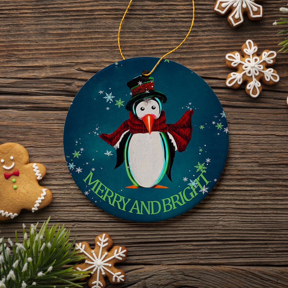 Merry and Bright Penguin Christmas Ornament Ceramic Ornament OrnamentallyYou 