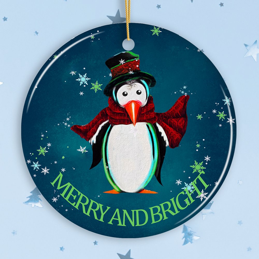 Merry and Bright Penguin Christmas Ornament Ceramic Ornament OrnamentallyYou Circle 