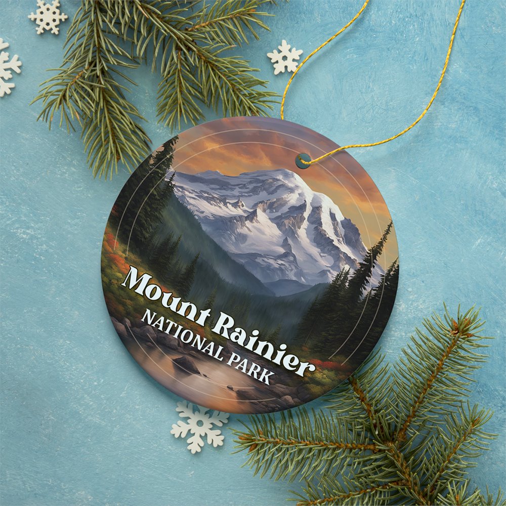 Mount Rainier National Park Retro Style Ornament, Washington USA Tourist Attraction and Gift Ceramic Ornament OrnamentallyYou 