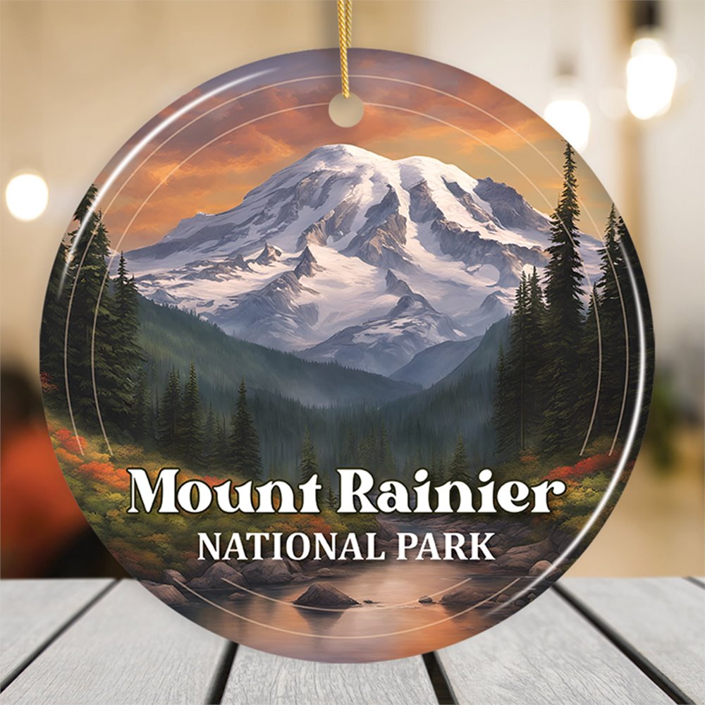 Mount Rainier National Park Retro Style Ornament, Washington USA Tourist Attraction and Gift Ceramic Ornament OrnamentallyYou Circle 