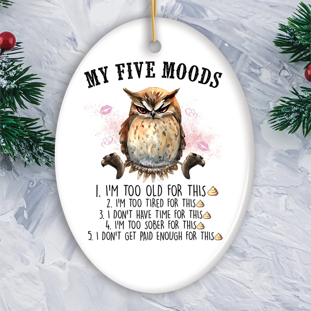 My Five Moods Quirky Owl Ornament, Cute and Funny Christmas Gift Ceramic Ornament OrnamentallyYou Circle 