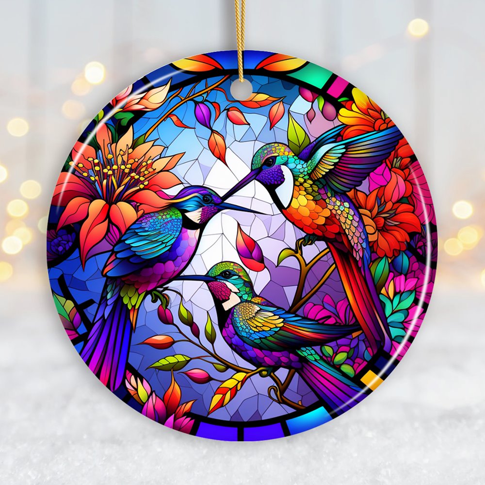 Natural Beauty and Elegance Hummingbird Ceramic Ornament, Stained Glass Theme Artistic Nature Ceramic Ornament OrnamentallyYou Circle 