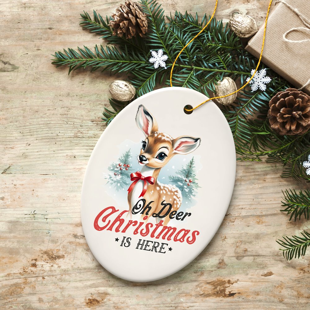 Oh Deer Christmas is Here Vintage Christmas Ornament, Baby Reindeer Charming Retro Tree Decoration Ceramic Ornament OrnamentallyYou 