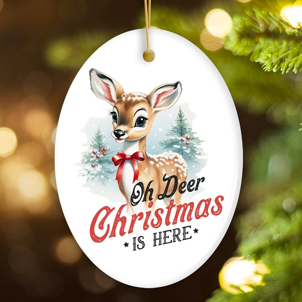 Oh Deer Christmas is Here Vintage Christmas Ornament, Baby Reindeer Charming Retro Tree Decoration Ceramic Ornament OrnamentallyYou Oval 