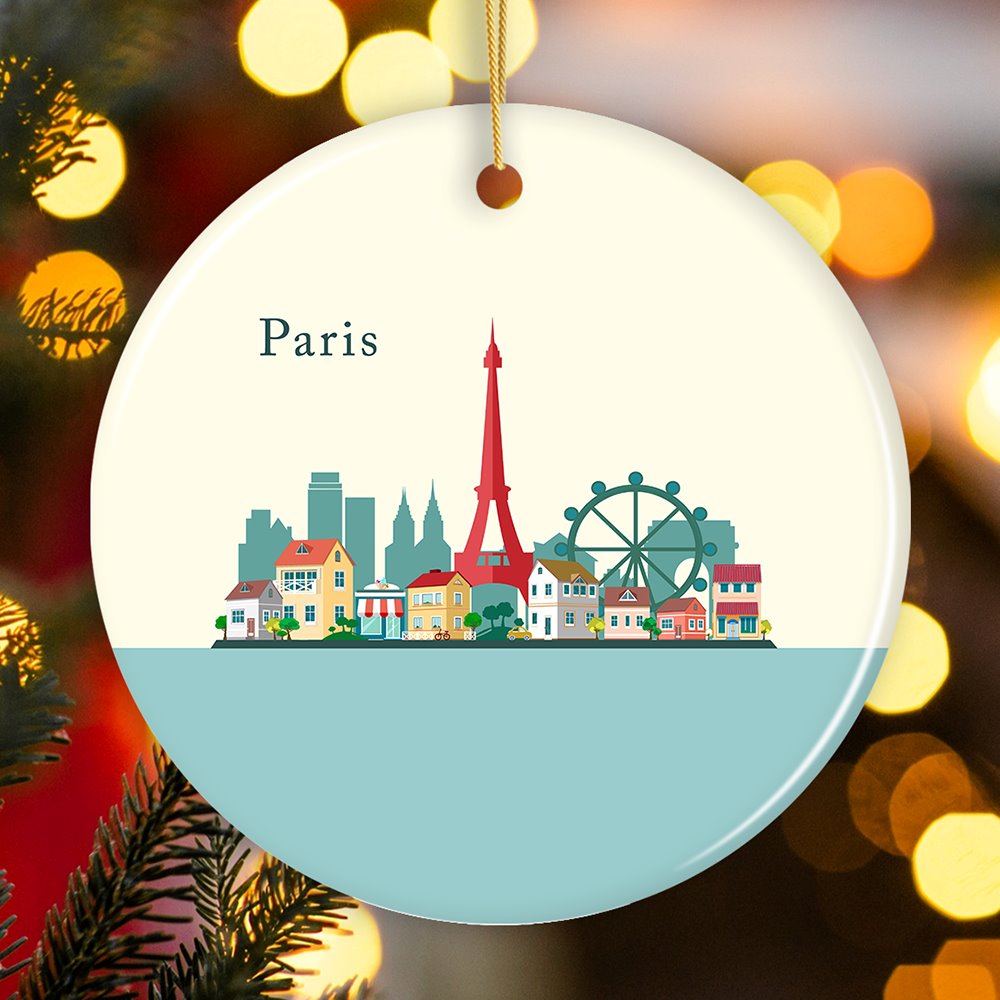 Paris Christmas Ornament, Landmarks in France Illustration Ceramic Ornament OrnamentallyYou Circle 
